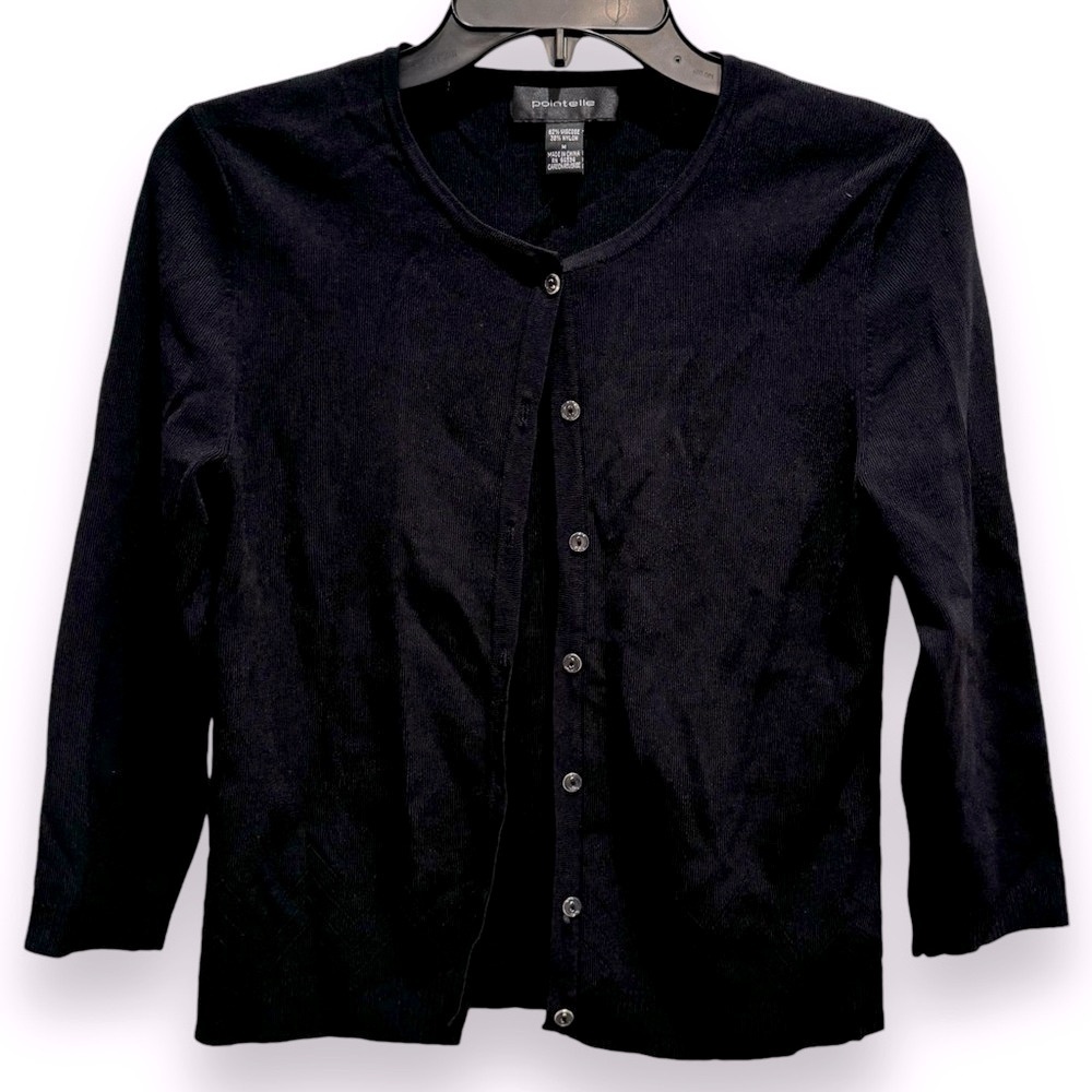 Pointelle Size Med Black Button Front 3/4 Sleeve Viscose-Nylon Cardigan Sweater